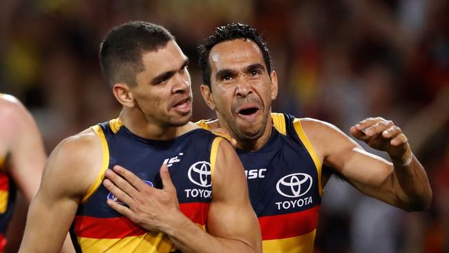 Eddie Betts, right, celebrates a Charlie Cameron goal in the 2017 preliminary final. Picture: Adam Trafford/AFL Media