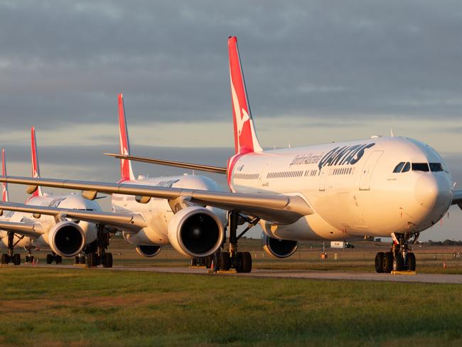 A row of four Qantas A330's sit grounded at Avalon air base as the airline massively scales-down its operations due to COVID-19 disruption. PIC: Chung Choo