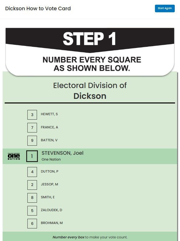 Pauline Hanson's One Nation will update its current how-to-vote cards (pictured) to preference Coalition candidates at number two.