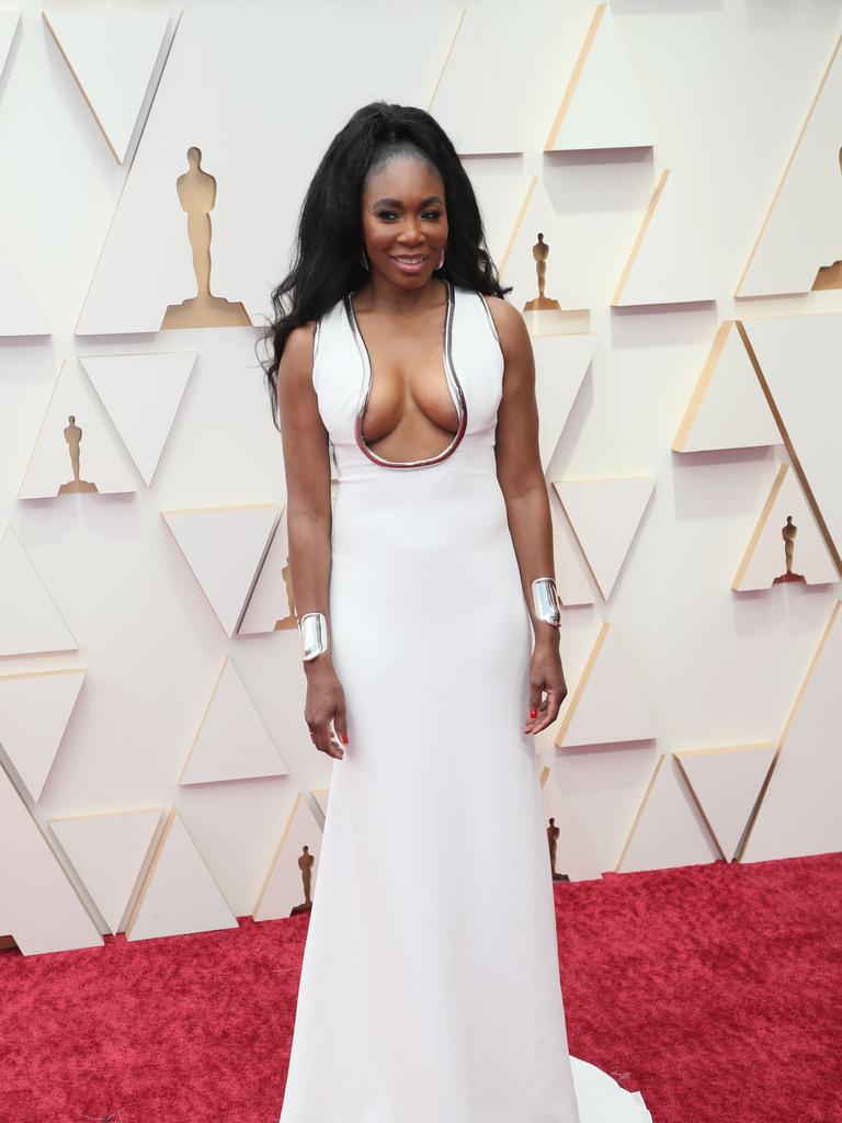 Venus Williams, the subject of Oscar nominated film King Richard, in a plunging white gown by Elie Saab. Picture: AFP