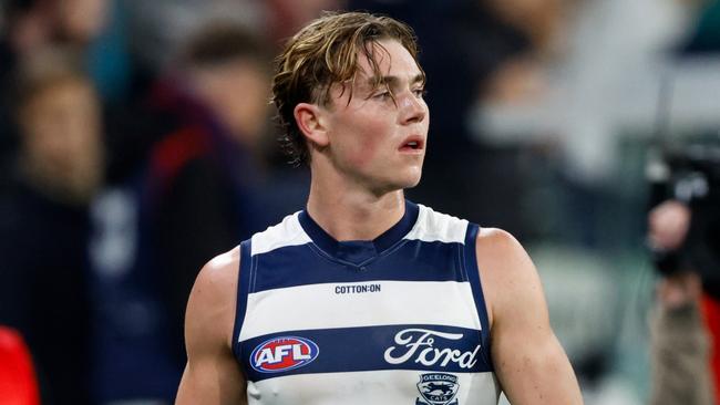 MELBOURNE, AUSTRALIA - MAY 04: Tanner Bruhn of the Cats is seen leaving the ground at half time during the 2024 AFL Round 08 match between the Melbourne Demons and the Geelong Cats at The Melbourne Cricket Ground on May 04, 2024 in Melbourne, Australia. (Photo by Dylan Burns/AFL Photos via Getty Images)