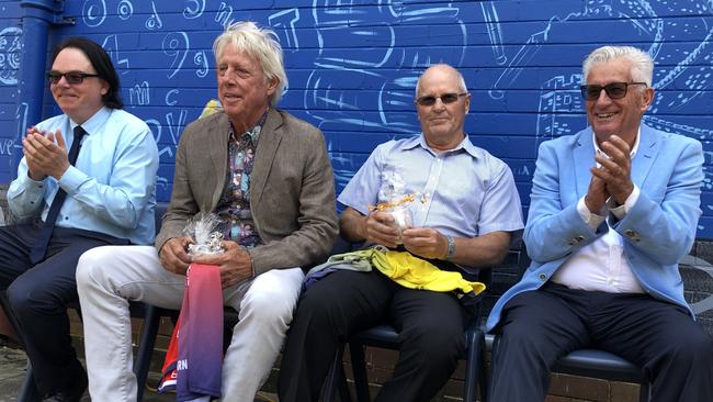 Principal Robert Patruno, Jeff Thomson, Garry Manuel and Ken Scully enjoying the assembly. Picture: Lawrence Machado