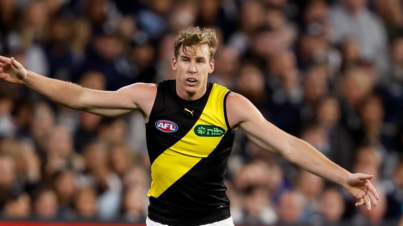 Richmond spearhead Tom Lynch hasn’t given up on a return from a hamstring injury in the final two rounds of this season. Picture: Dylan Burns / Getty Images