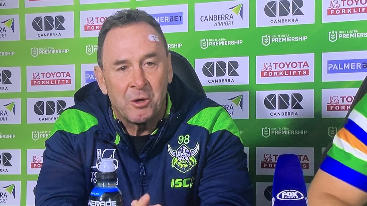 An emotional Ricky Stuart during Canberra’s post-match presser.