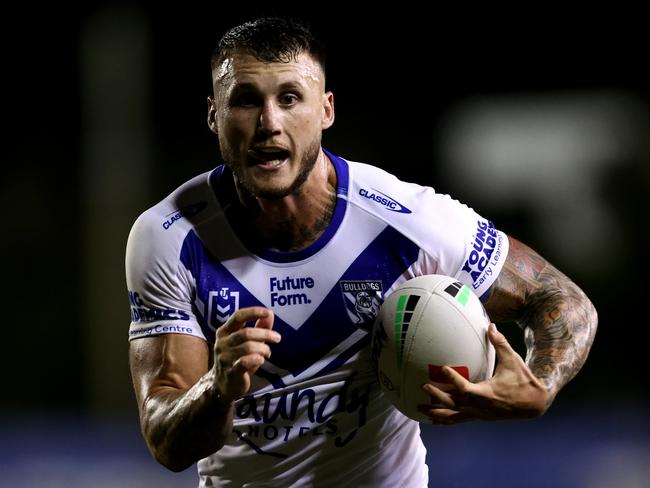 SYDNEY, AUSTRALIA - FEBRUARY 15: Bronson Xerri of the Bulldogs runs the ball during the NRL Pre-season challenge match between Canterbury Bulldogs and Melbourne Storm at Belmore Sports Ground on February 15, 2024 in Sydney, Australia. (Photo by Brendon Thorne/Getty Images)