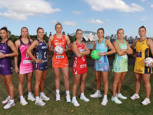 SYDNEY, AUSTRALIA - MARCH 21: (L-R) Kim Ravaillion of Queensland Firebirds, Hannah Petty of Adelaide Thunderbirds, Kate Moloney of Melbourne Vixens, Jo Harten of GIANTS Netball, Paige Hadley of NSW Swifts, Amy Parmenter of Melbourne Mavericks, Jess Anstiss of West Coast Fever and Steph Fretwell of Sunshine Coast Lightning pose during Fox Sports launch of the Super Netball Team Girls Cup at Royal Botanical Gardens Harbour Lawn on March 21, 2024 in Sydney, Australia. (Photo by Mark Metcalfe/Getty Images for Fox Sports)