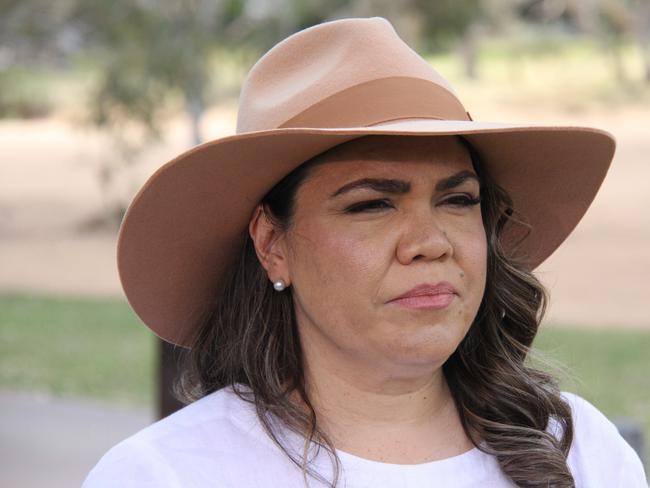 CLP NT senator Jacinta Nampijinpa Price speaking with Nationals leader David Littleproud at Alice Springs, Northern Territory, Monday, October 14, 2024. Picture: Gera Kazakov