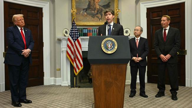 President Trump, SoftBank chair Masayoshi Son and Oracle executive chair Larry Ellison listen to Open AI chief executive Sam Altman speak at the White House on Tuesday. Picture: AFP