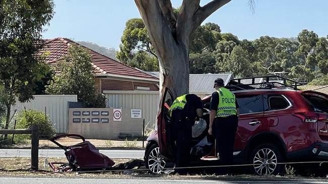 The scene of the crash on Main North Rd. Picture: Dylan Hogarth