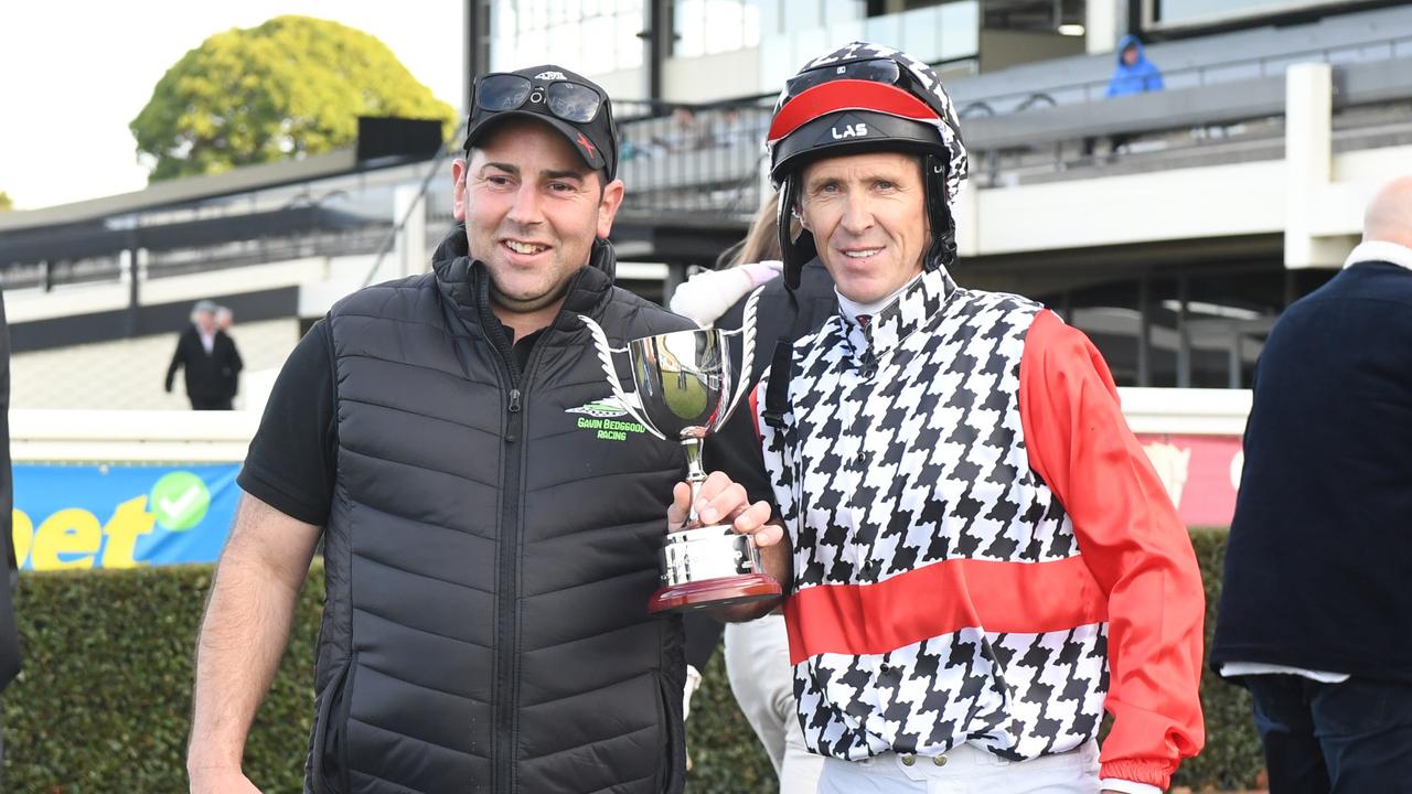 Gavin Bedggood with Joe Bowditch celebrate Diwali’s win in the Sandown Cup. Picture: Getty Images