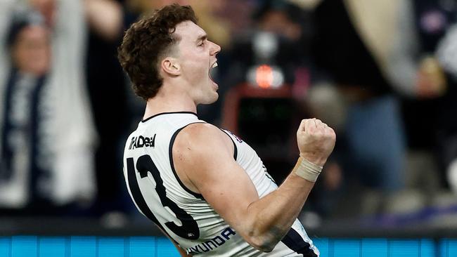 Blake Acres celebrates his second goal in the semi-final win over Melbourne on Friday night. Picture: Michael Willson / Getty Images