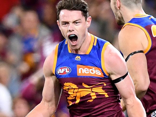 BRISBANE, AUSTRALIA - SEPTEMBER 07: Lachie Neale of the Lions celebrates kicking a goal during the AFL 2nd Qualifying Final match between the Brisbane Lions and the Richmond Tigers at The Gabba on September 07, 2019 in Brisbane, Australia. (Photo by Bradley Kanaris/Getty Images)