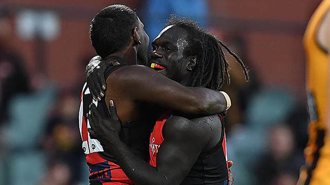 Anthony McDonald-Tipungwuti celebrates a goal with Irving Mosquito against Hawthorn. Picture: Getty Images