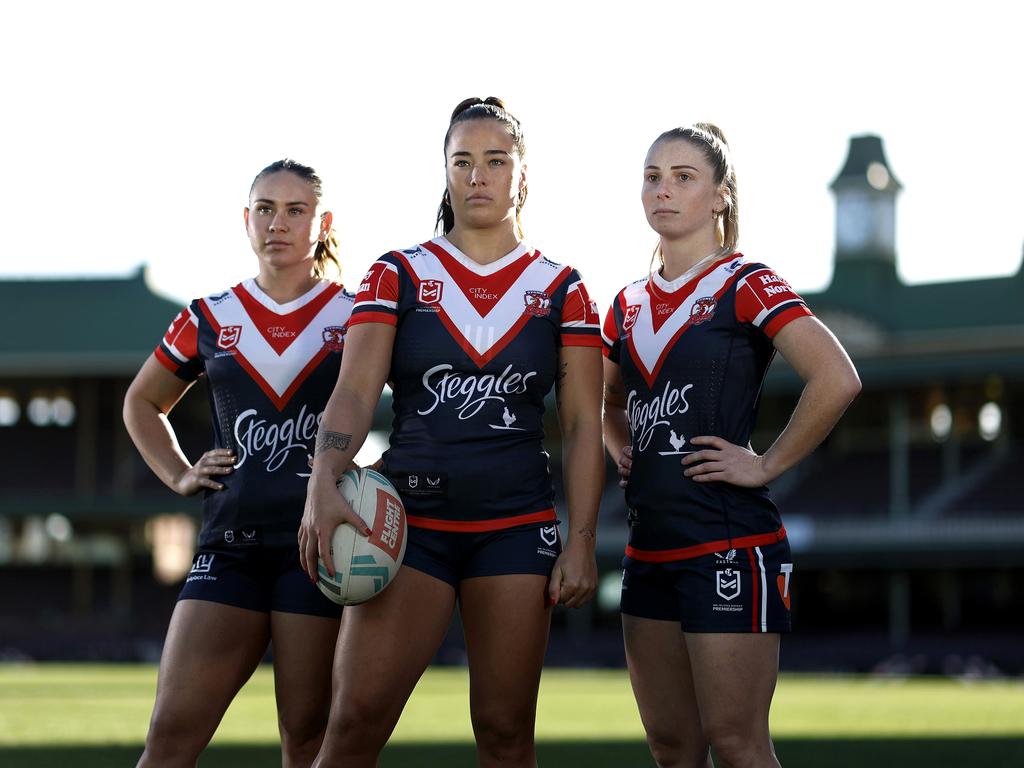 Keely Davis, Isabelle Kelly and Tarryn Aiken from the Sydney Roosters. Picture: Phil Hillyard