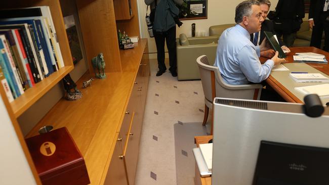 Treasurer Joe Hockey and his large cigar box. Picture: Gary Ramage