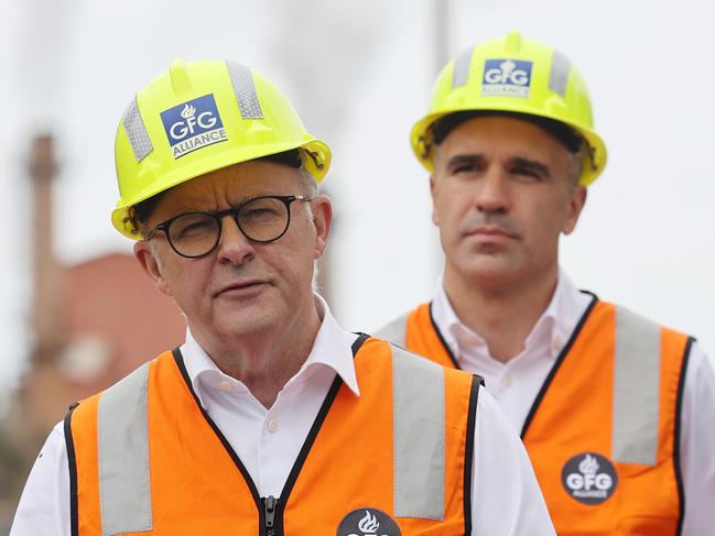 ADELAIDE, AUSTRALIA - NewsWire Photos September 25 2023: Australian Prime Minister Anthony Albanese and South Australian Premier Peter Malinauskas speak to the media during a visit to the Whyalla steelworks. NCA NewsWire / David Mariuz