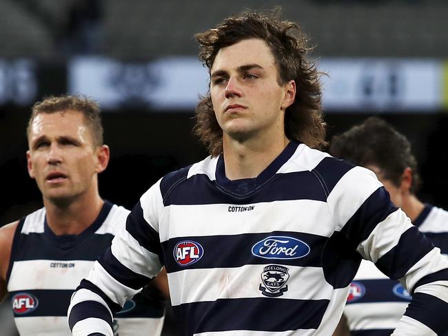 MELBOURNE, AUSTRALIA - APRIL 11: Jordan Clark of the Cats reacts after a loss during the 2021 AFL Round 04 match between the Melbourne Demons and the Geelong Cats at the Melbourne Cricket Ground on April 11, 2021 in Melbourne, Australia. (Photo by Dylan Burns/AFL Photos via Getty Images)