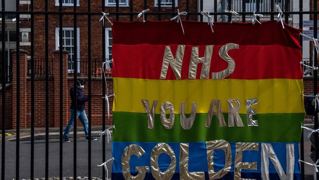 A banner supporting Nation Health Service workers at Maudsley Hospital, opposite Kings College Hospital on April 16.