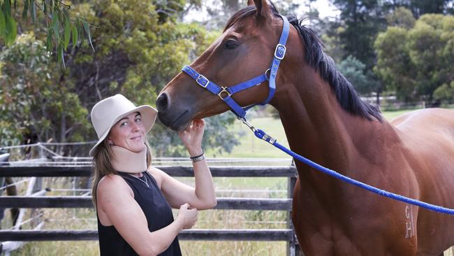 Jockey and trainer Siggy Carr with Thespian Waters. Siggy suffered a bad race fall that has required surgery and a long recovery. Picture: Nikki Davis-Jones