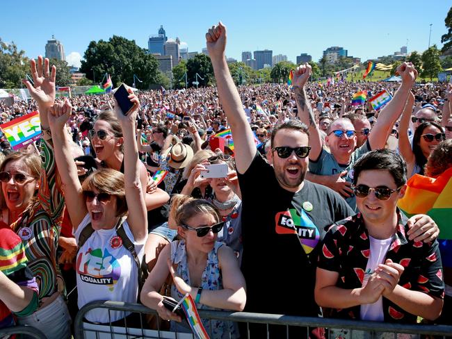 The massive crowd erupts into celebration as the yes result is announced. Picture: Toby Zerna