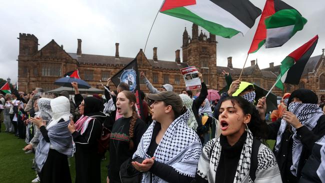 Protesters on the lawns of the University of Sydney in support of a pro-Palestine encampment in May 2024. Picture: Getty Images