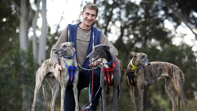 Matt Tirpak pictured with his three greyhounds Flanders, Boo and Lucy Picture: Sam Ruttyn