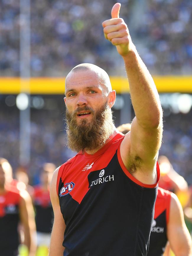 Melbourne ruckman Max Gawn thanks the fans after losing the 2018 second preliminary against the West Coast Eagle. Picture: Daniel Carson/Getty