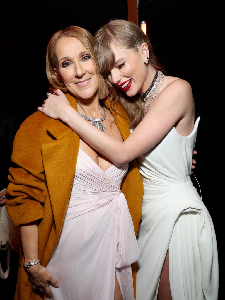 Taylor Swift hugged Celine Dion after winning the Album of the Year Grammy — and, allegedly, snubbing the <i>My Heart Will Go On</i> legend. Picture: Getty