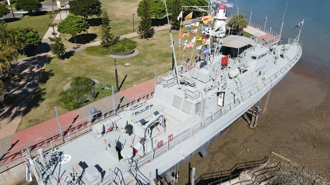 A drone photo of the HMAS Gladstone at East Shores. Picture: Rodney Stevens