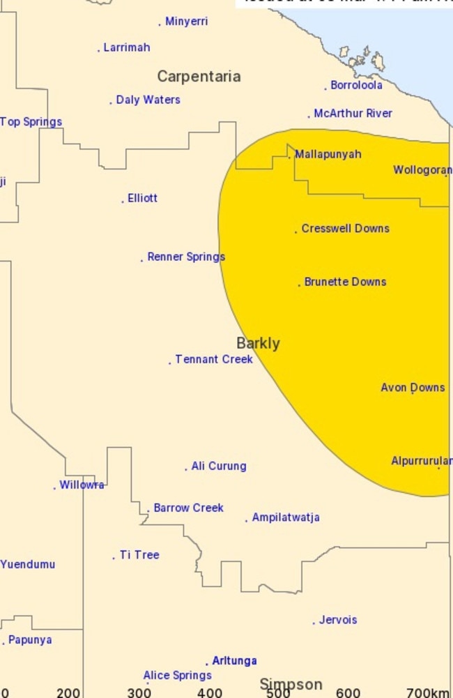 A severe weather warning is in place for parts of Carpentaria and Barkly districts. Picture: BOM