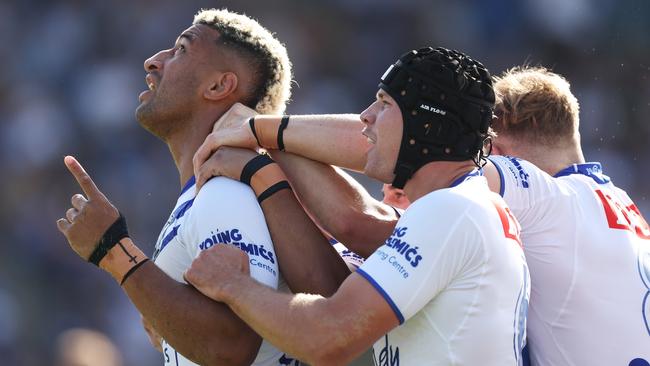 Viliame Kikau crosses for his first try in a Bulldogs’ jersey. Picture: Mark Metcalfe/Getty Images