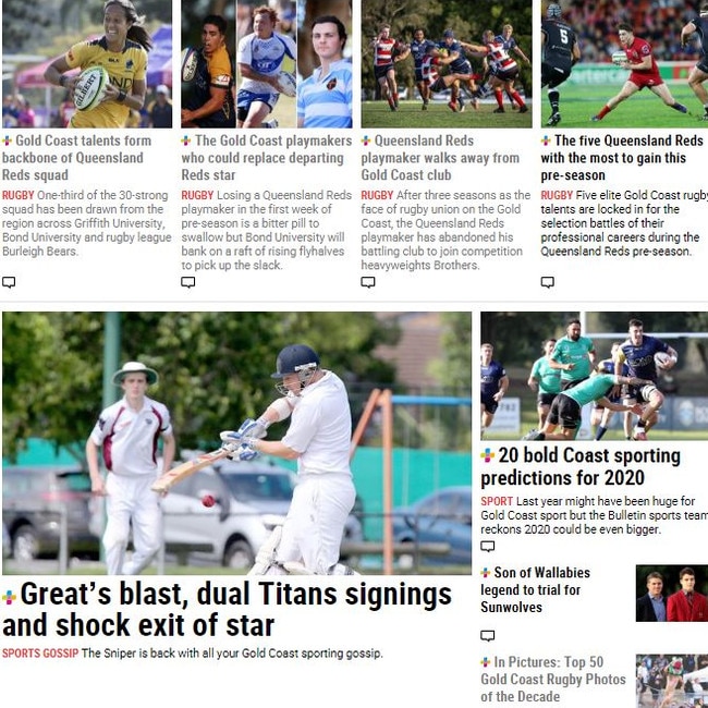 The Gold Coast Bulletin's new rugby homepage layout.