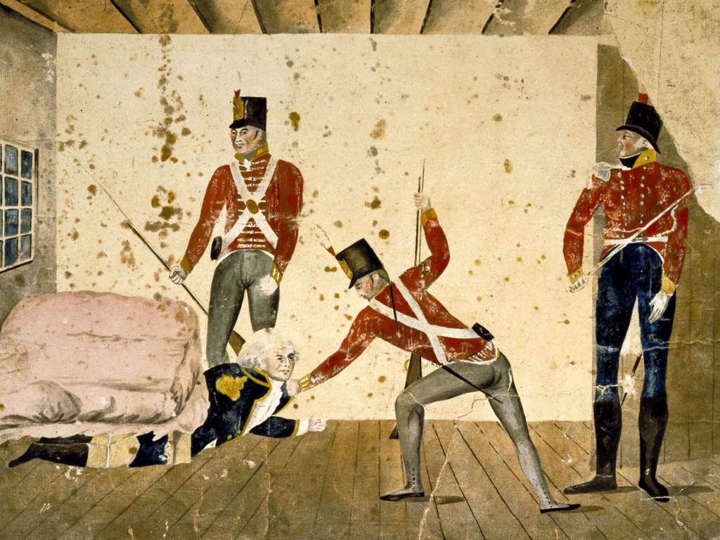 Arrest of Governor William Bligh by members of NSW Corps (Rum Regiment) in first Government House during Rum Rebellion in 1808.