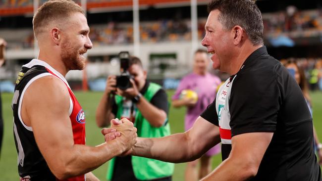 St Kilda’s Dean Kent with coach Brett Ratten after the elimination final win. Picture: Michael Willson/Getty