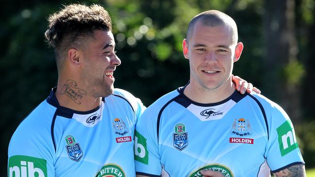 Andrew Fifita and David Klemmer during Blues camp. Pic Nathan Edwards