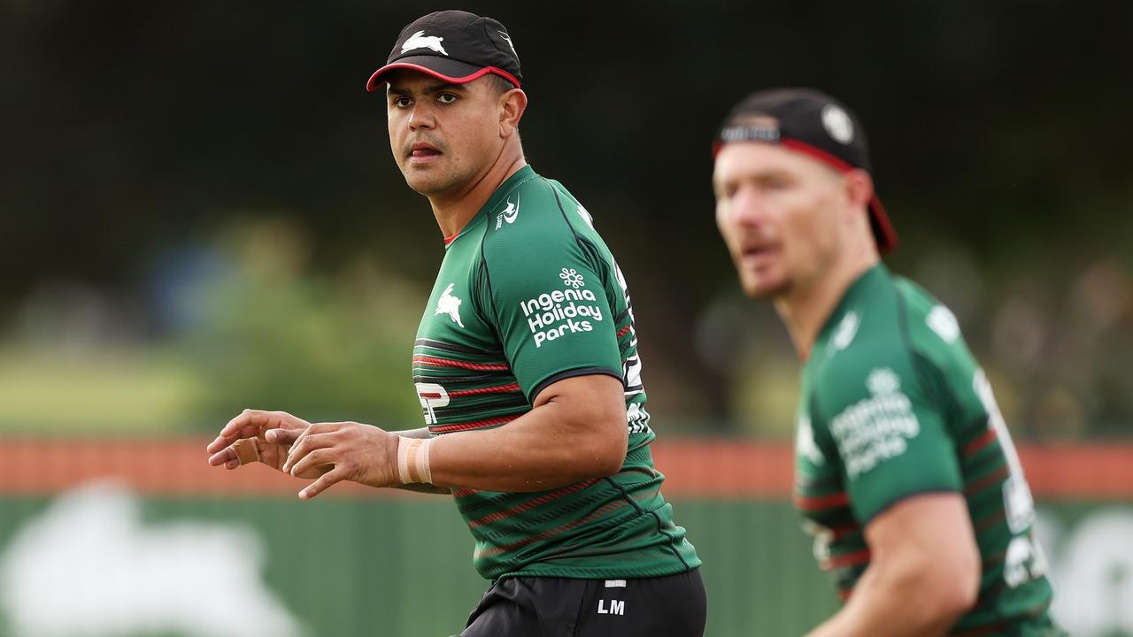 Latrell Mitchell and Damien Cook train. Photo by Matt King/Getty Images.