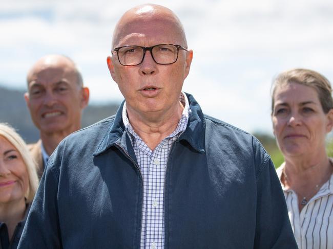 TASMANIA, AUSTRALIA - NewsWire Photos - Sunday, 10 November 2024:  Leader of the Opposition Peter Dutton speaks to media at Littlewood Berry Farm in Richmond, Tasmania. Picture: NewsWire / Linda Higginson