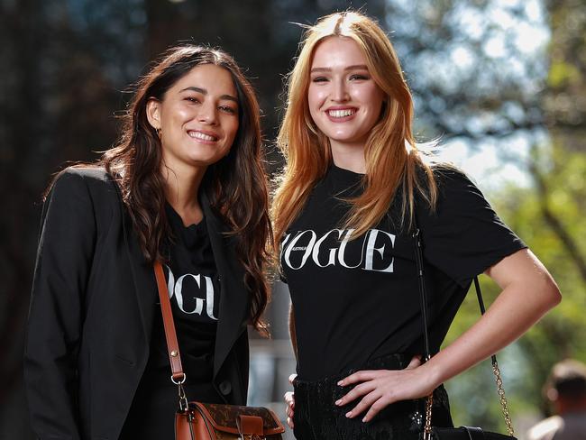 Jessica Gomes and Maddison Brown at Vogue Fashion’s Night Out at Pitt Street Mall, Sydney. Picture: Justin Lloyd