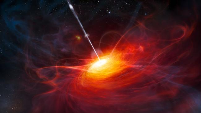 Quasars, as pictured here in this artist's concept, are bright, energetic regions around giant, active black holes in galactic centres. A research team using data from NASA's Spitzer and Hubble Space telescopes have for the first time found a large sample of galaxies during a key early period of galactic evolution when quasars and their host galaxies begin to interact, but before the two have settled down after recent galactic smash-ups.