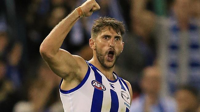 Jarrad Waite celebrates a goal earlier in the season. Picture: Wayne Ludbey