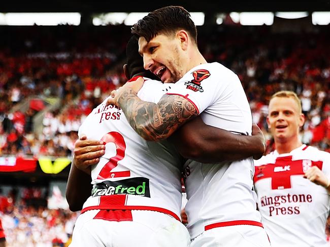 AUCKLAND, NEW ZEALAND - NOVEMBER 25: Jermaine McGillvary of England celebrates after scoring a try during the 2017 Rugby League World Cup Semi Final match between Tonga and England at Mt Smart Stadium on November 25, 2017 in Auckland, New Zealand.  (Photo by Hannah Peters/Getty Images)