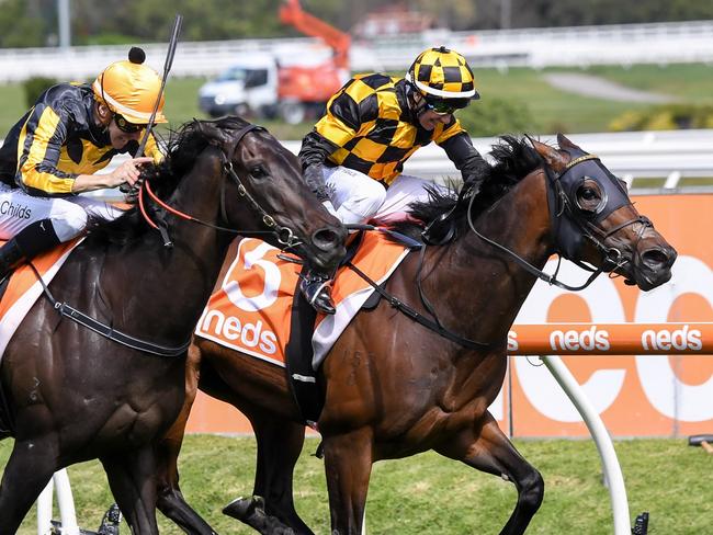 Probabeel (NZ) ridden by Brett Prebble wins the Neds Might And Power at Caulfield Racecourse on October 09, 2021 in Caulfield, Australia. (Pat Scala/Racing Photos via Getty Images)