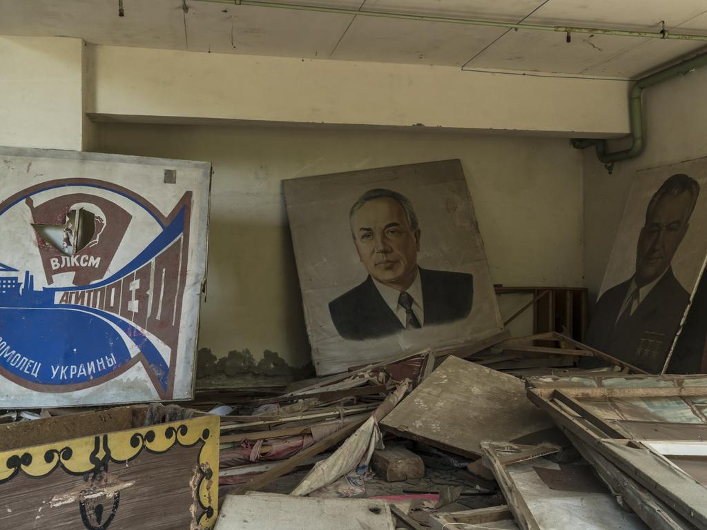 Posters and portraits in a building in Pripyat. Picture: Brendan Hoffman/Getty Images