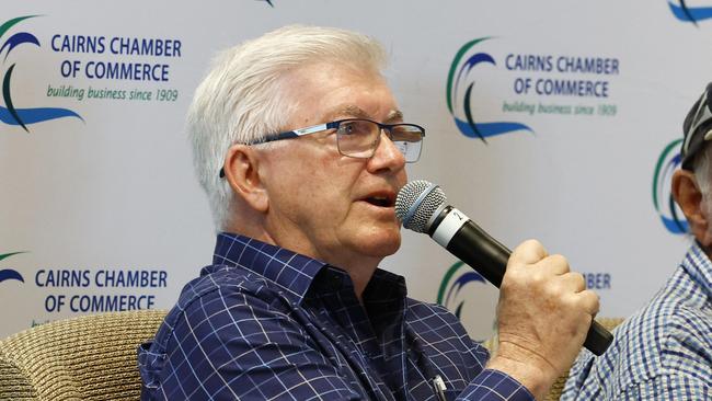 Cairns mayor Terry James speaks at the Cairns Chamber of Commerce's mayoral election debate luncheon in front of around 200 guests at the Pullman Reef Hotel Casino. Picture: Brendan Radke