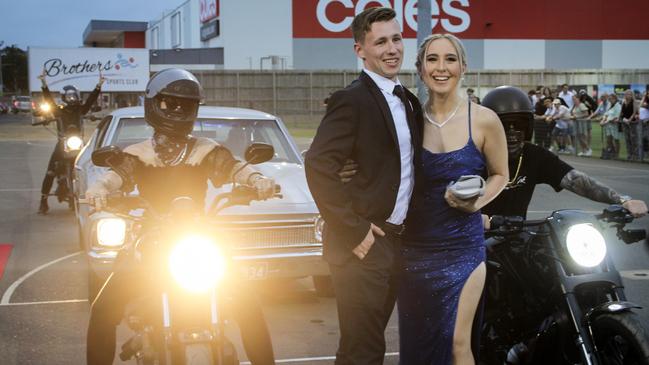 Alexis Neale and Lachlan Beaven were escorted by a convoy of Harleys at the 2023 Kepnock State High School formal.