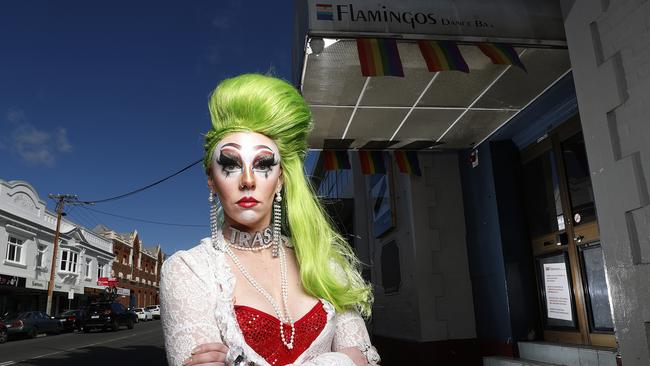 Hannah Vermeulen who performs as a drag queen under the name Trey L'Trash out the font of Flamingos Dance Bar on Liverpool Street which has recently been sold. Picture: ZAK SIMMONDS