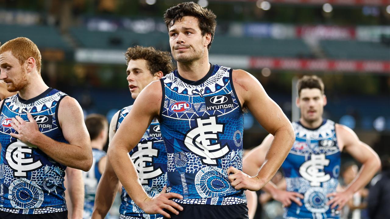 MELBOURNE, AUSTRALIA - MAY 21: Jack Silvagni of the Blues looks dejected after a loss during the 2023 AFL Round 10 match between the Carlton Blues and the Collingwood Magpies at the Melbourne Cricket Ground on May 21, 2023 in Melbourne, Australia. (Photo by Michael Willson/AFL Photos via Getty Images)