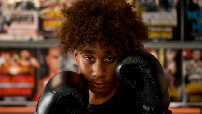 Junior boxing champ Earleeo Cole, 14, at Knuckles Boxing Gym. Picture: Evan Morgan