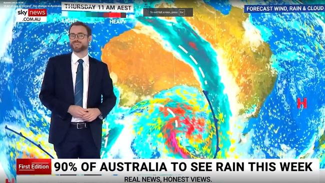 City-specific forecasts indicate the impact of the weather system, with varying amounts of rain expected in Melbourne, Sydney, Brisbane, Perth, Adelaide, and Hobart. Picture: Sky News