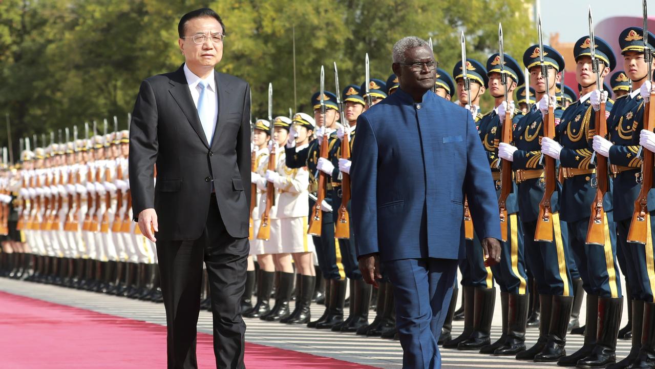 Chinese Premier Li Keqiang holds a welcoming ceremony for Solomon Islands’ Prime Minister Manasseh Sogavare in 2019. Picture: Pang Xinglei/Xinhua/Getty